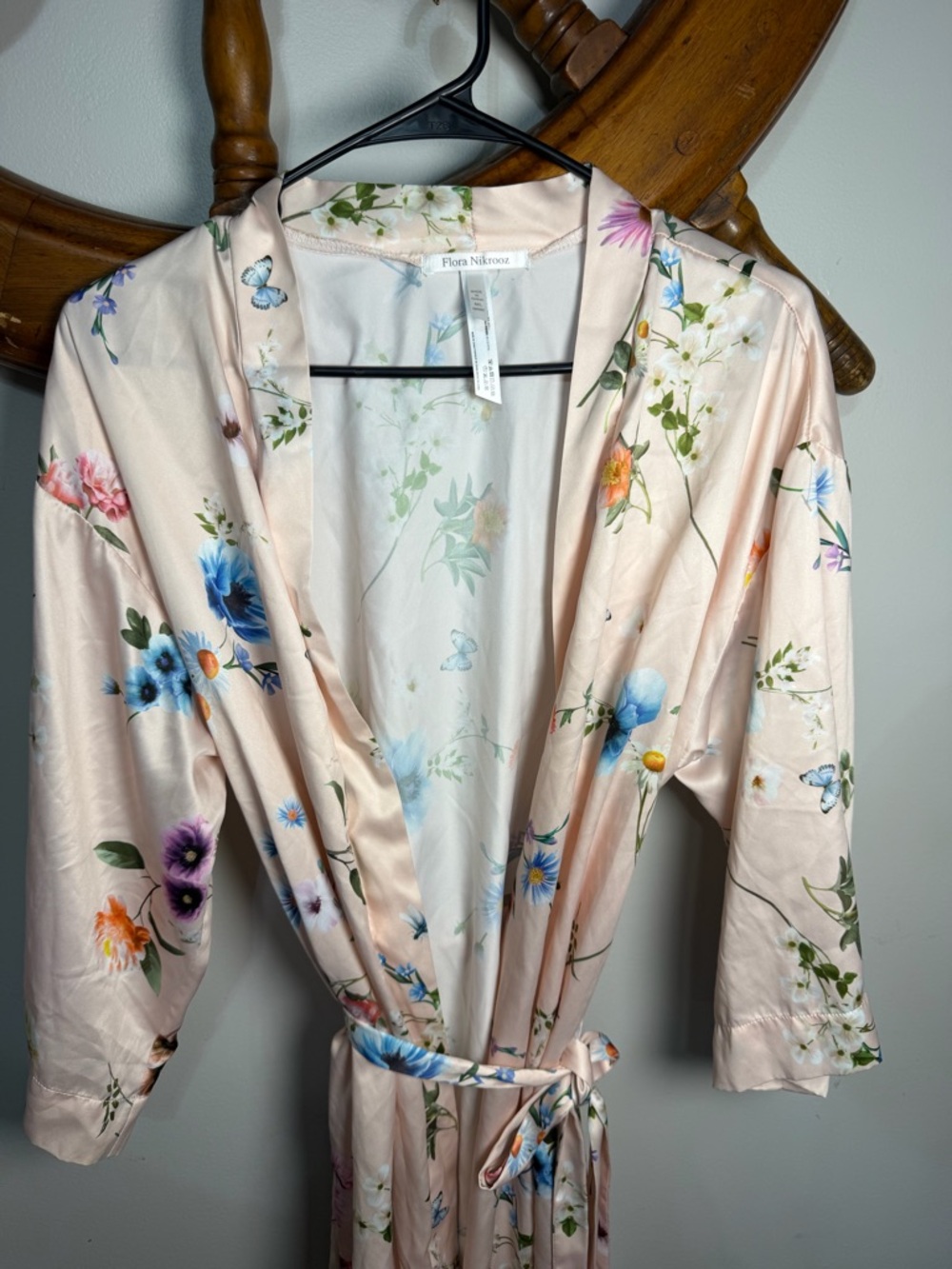 Flora Nikrooz Satin Floral Robe in Blush with Multi-Color Blooms